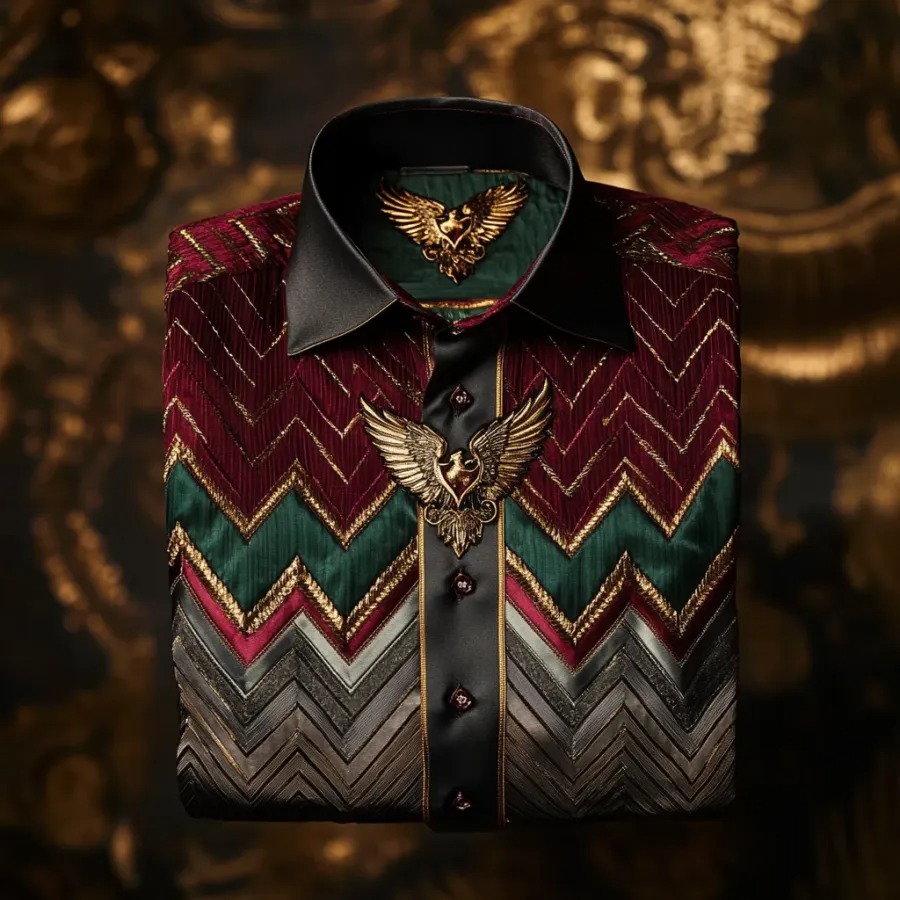 High Elasticity Soft Unique Men's Satin Luxe Print Long Sleeve Button Shirt