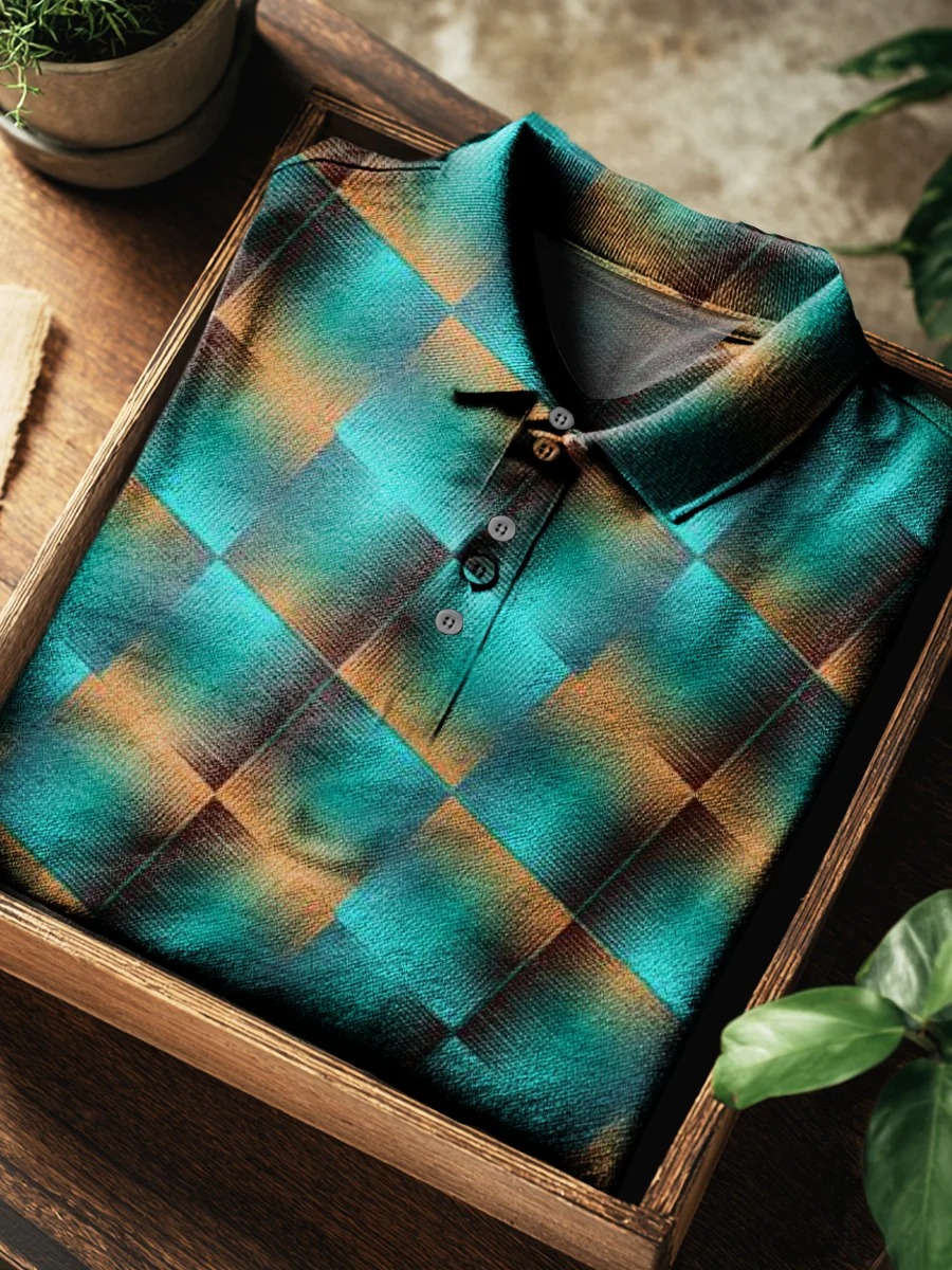 Light Green Gradient Checkered Pattern Print Casual Cotton Short Sleeve Polo