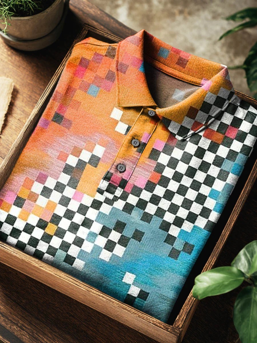 Vintage Multicolor Checkerboard Abstract Art Print Casual Cotton Short Sleeve Polo