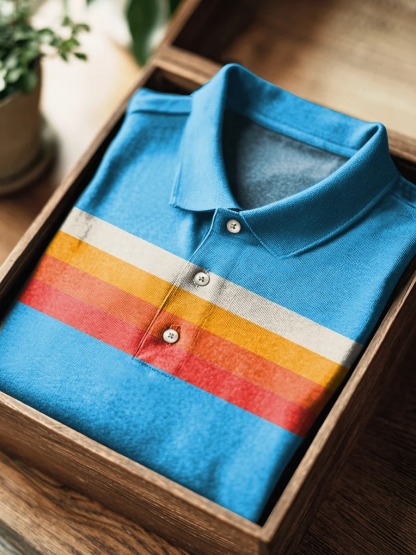 Light Blue Orange Gradient Stripes Print Casual Cotton Short Sleeve Polo