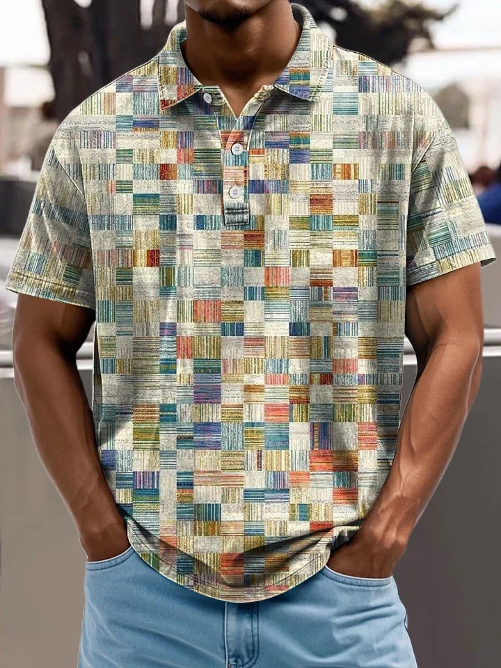 Lattice Checkered Gradient Abstract Art Vintage Print Casual Cotton Polo