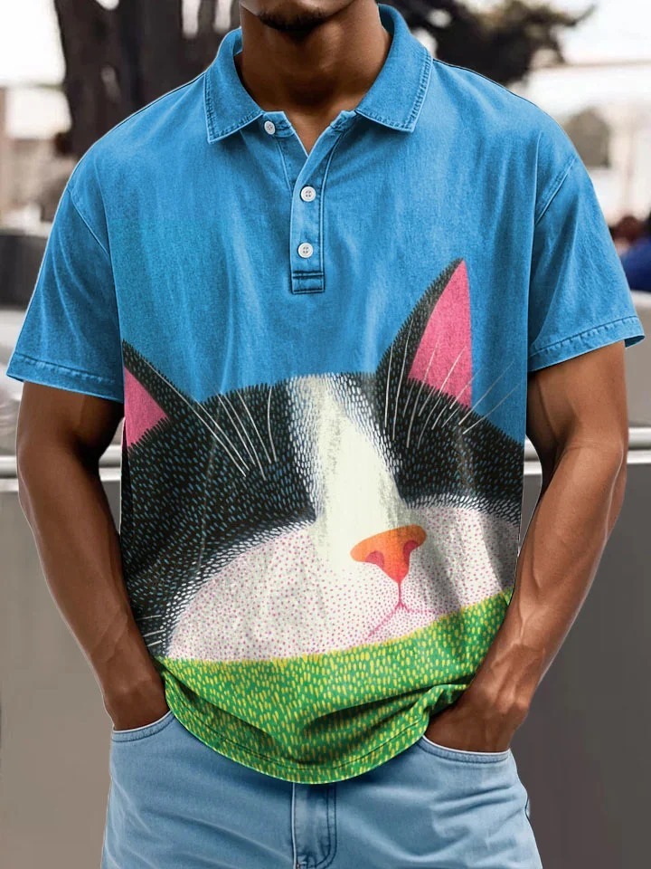 Cow Cat Sleeping Decorative Pattern Casual Cotton Polo