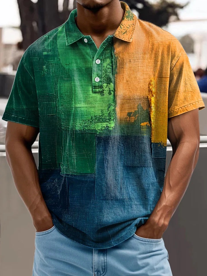 Vintage Multicolor Abstract Oil Painting Art Print Casual Cotton Polo