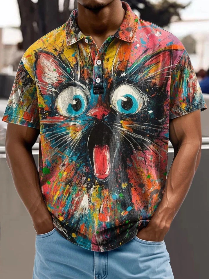 Graffiti Surprised Cat Decorative Pattern Casual Cotton Polo