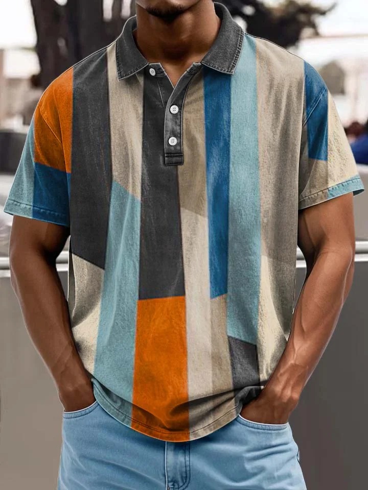 Colorful Geometric Patchwork Pattern Print Casual Cotton Polo
