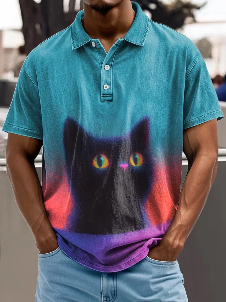 Dreamy Gradient Cat Decorative Pattern Casual Cotton Polo