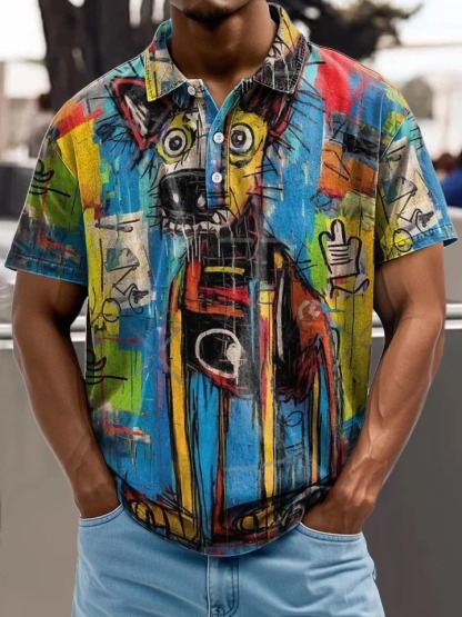 Graffiti Style Art Dog Decorative Pattern Casual Short Sleeve Polo Shirt
