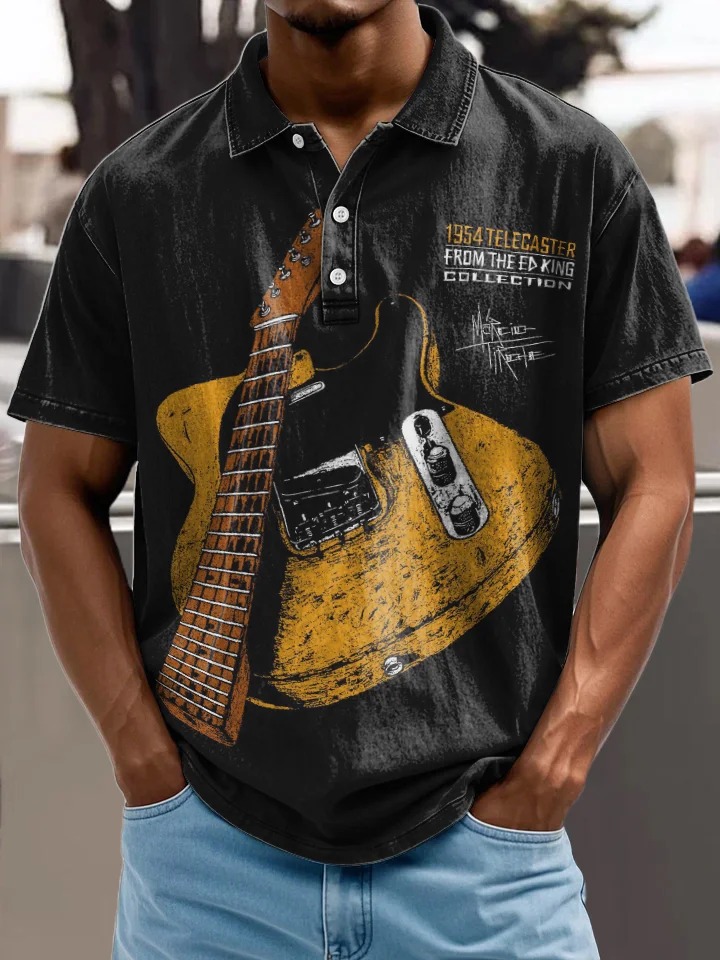 Vintage Rock Music Guitar Decorative Pattern Casual Short Sleeve Polo Shirt