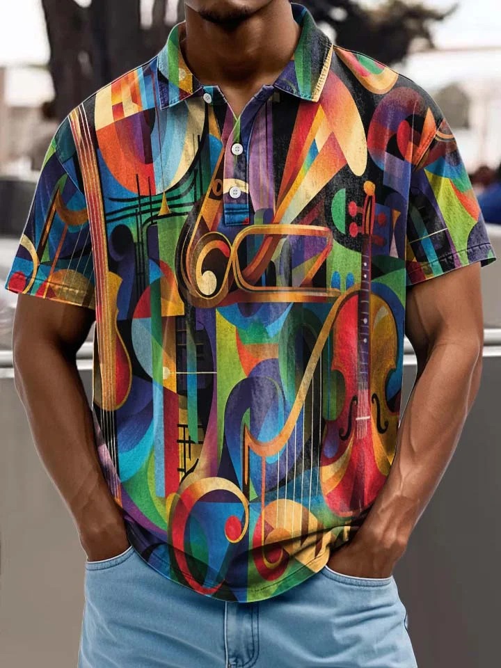 Colorful Geometric Blocks of Musical Instruments Decorative Pattern Casual Short Sleeve Polo Shirt