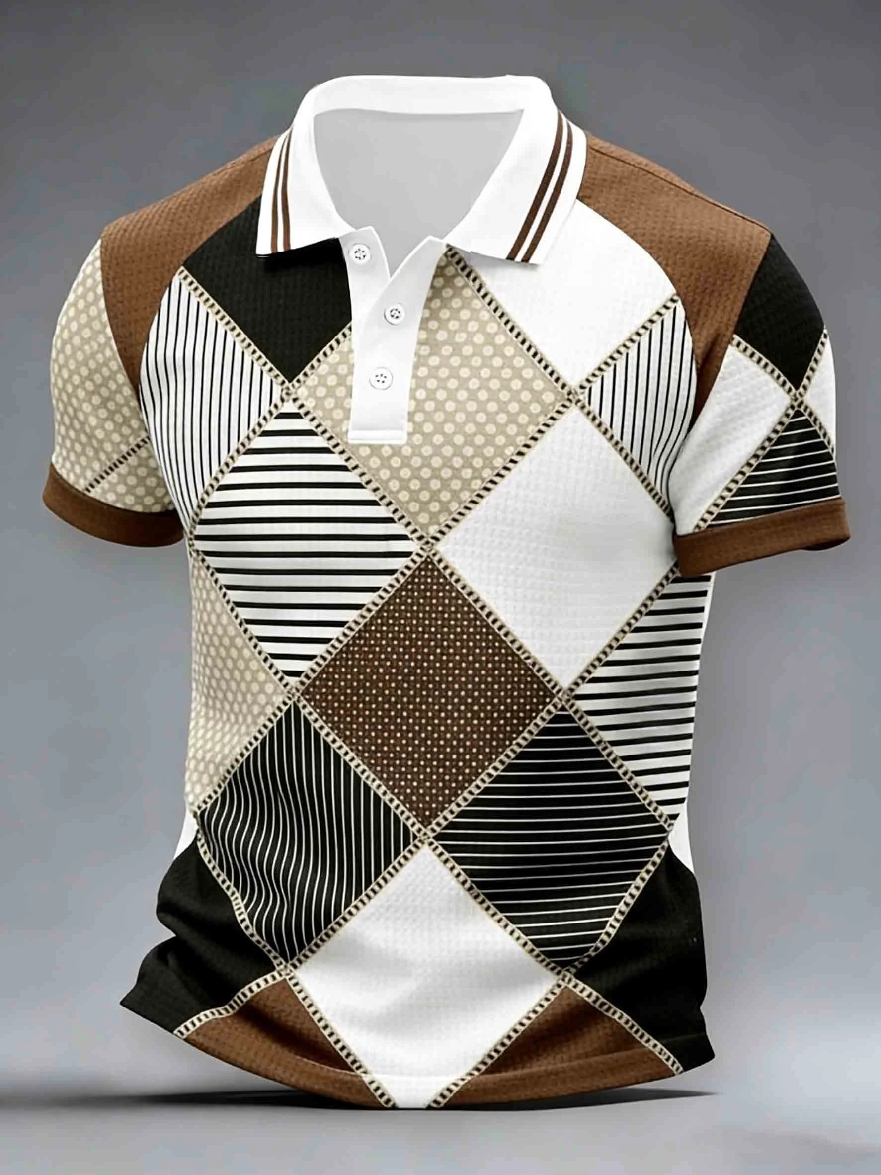 Retro Geometric Grid Art Print Casual Short Sleeve Polo Shirt