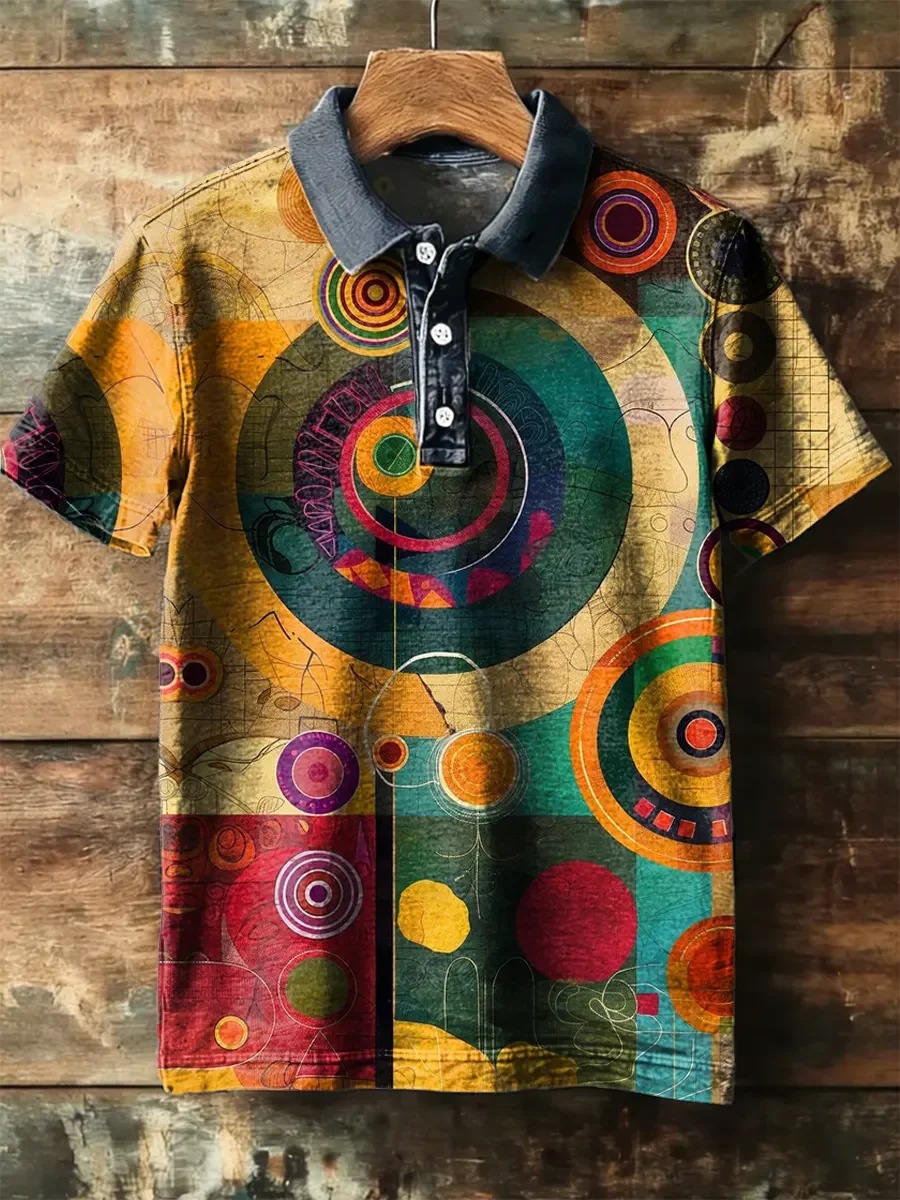 Vintage Abstract Art Print Short Sleeve Polo Shirt