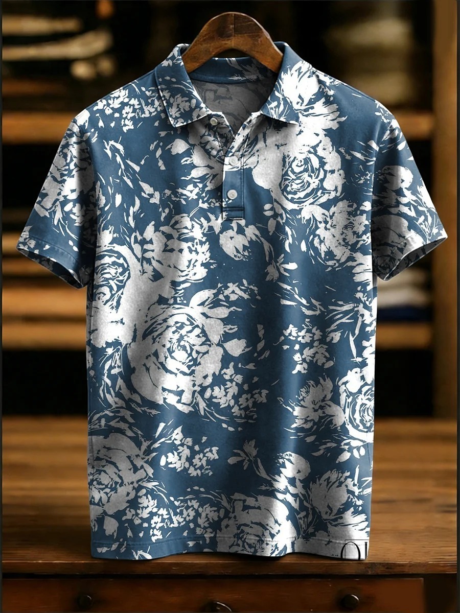 Abstract Style Elegant Floral Decorative Pattern Casual Short Sleeve Polo Shirt