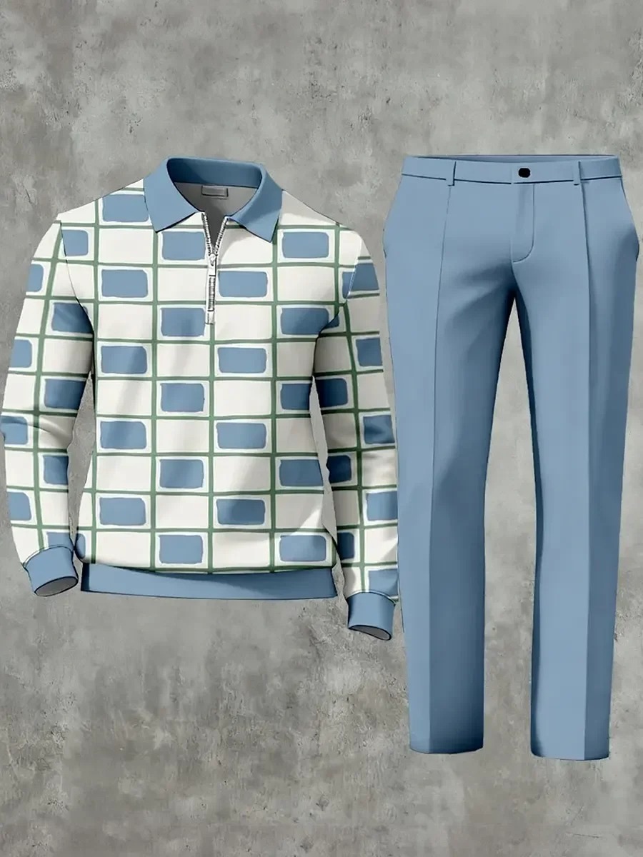 Casual Geometric Minimalist Art Polo Long Sleeved Shirt Pants Set