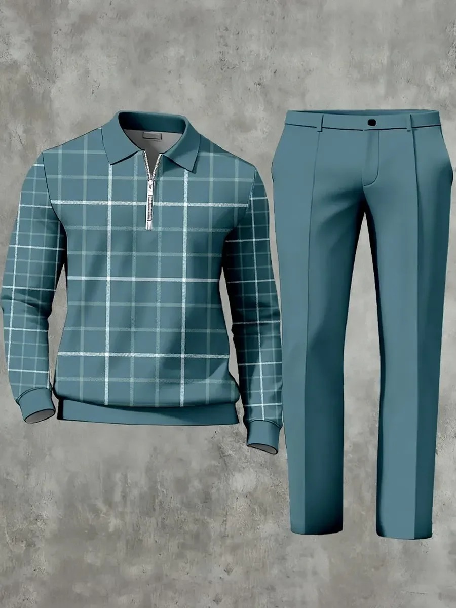 Casual Geometric Minimalist Art Polo Long Sleeved Shirt Pants Set