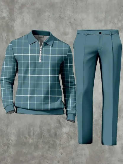 Casual Geometric Minimalist Art Polo Long Sleeved Shirt Pants Set