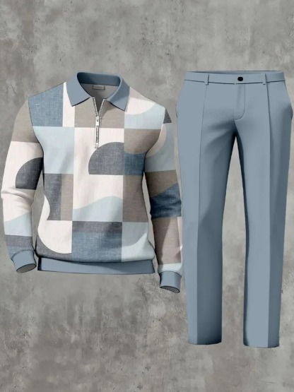 Casual Geometric Minimalist Art Polo Long Sleeved Shirt Pants Set