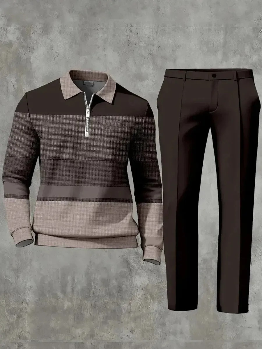 Casual Geometric Minimalist Art Polo Long Sleeved Shirt Pants Set