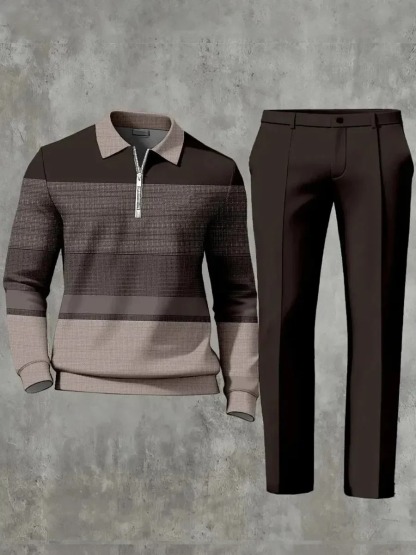 Casual Geometric Minimalist Art Polo Long Sleeved Shirt Pants Set