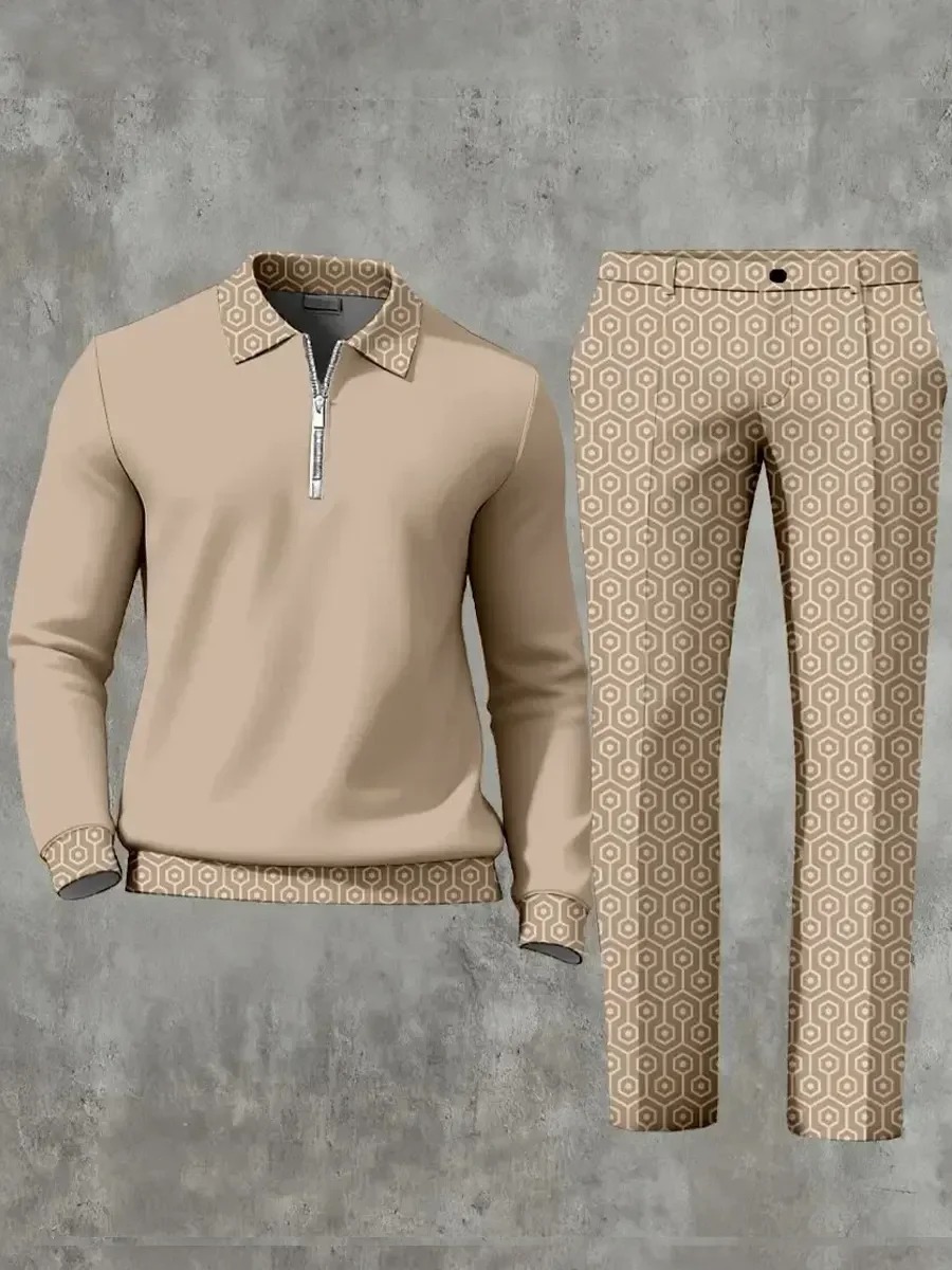 Casual Geometric Minimalist Art Polo Long Sleeved Shirt Pants Set