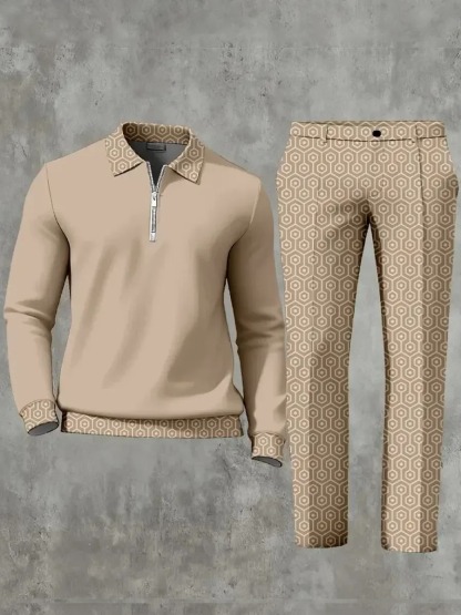 Casual Geometric Minimalist Art Polo Long Sleeved Shirt Pants Set