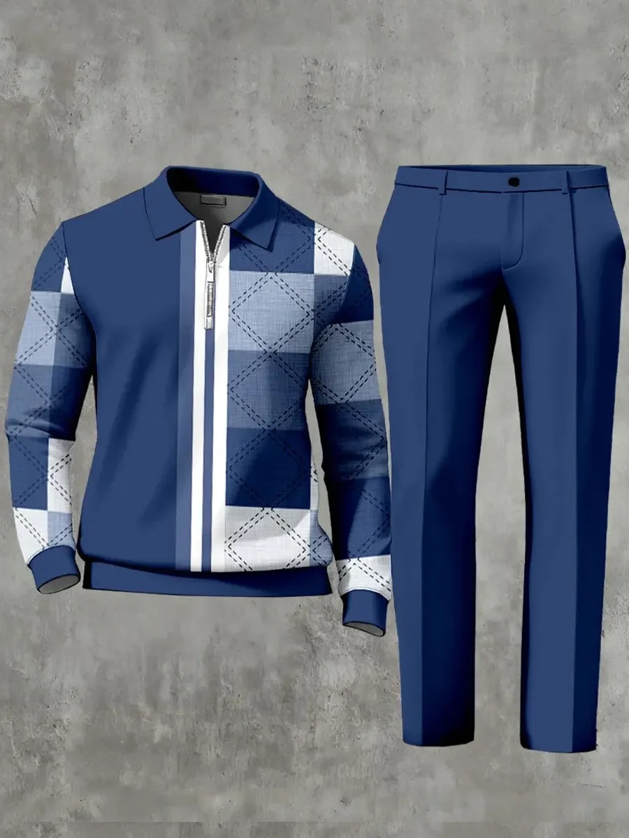 Casual Geometric Minimalist Art Polo Long Sleeved Shirt Pants Set