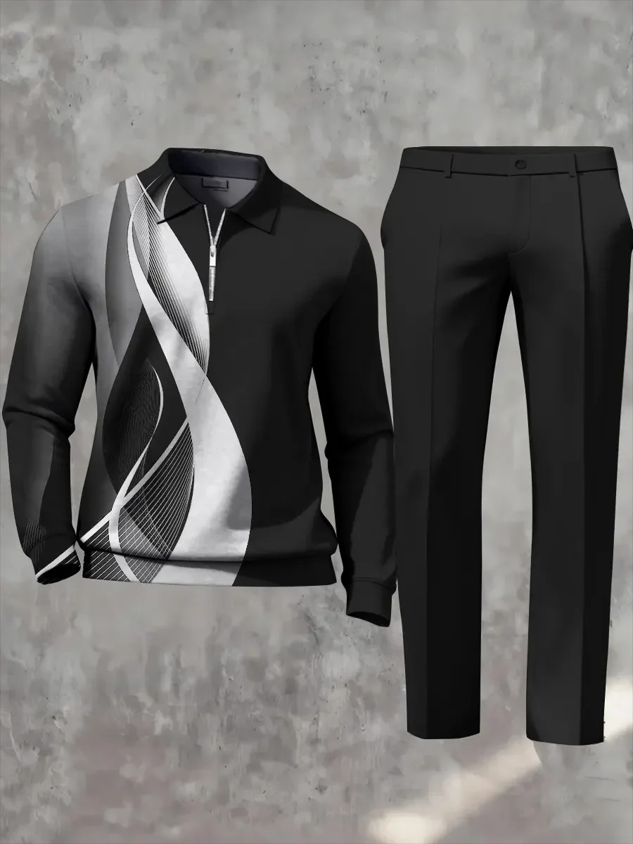 Casual Geometric Minimalist Art Polo Long Sleeved Shirt Pants Set