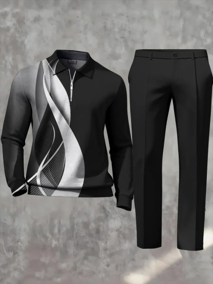Casual Geometric Minimalist Art Polo Long Sleeved Shirt Pants Set
