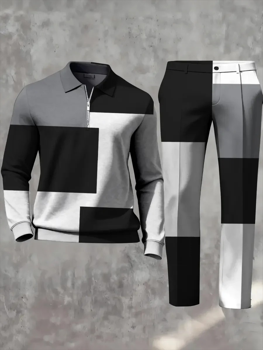 Casual Geometric Minimalist Art Polo Long Sleeved Shirt Pants Set
