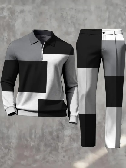 Casual Geometric Minimalist Art Polo Long Sleeved Shirt Pants Set
