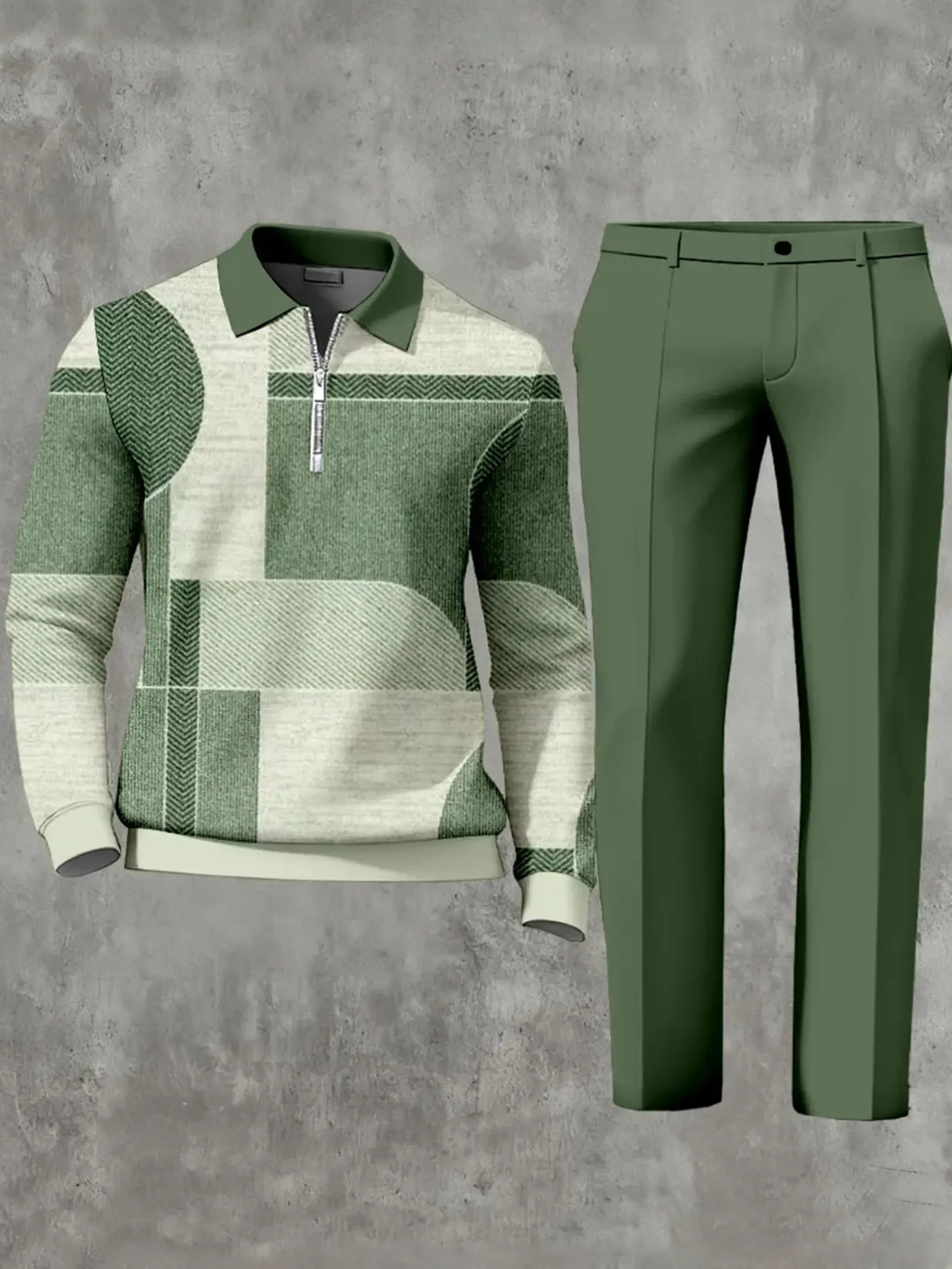 Casual Geometric Minimalist Art Polo Long Sleeved Shirt Pants Set