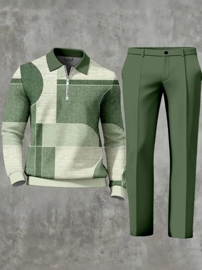 Casual Geometric Minimalist Art Polo Long Sleeved Shirt Pants Set