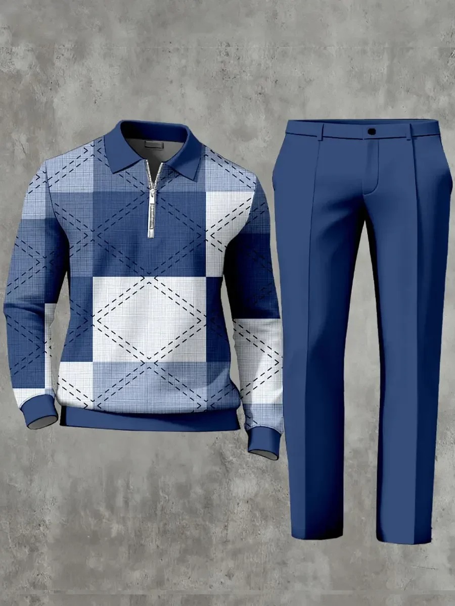 Casual Geometric Minimalist Art Polo Long Sleeved Shirt Pants Set