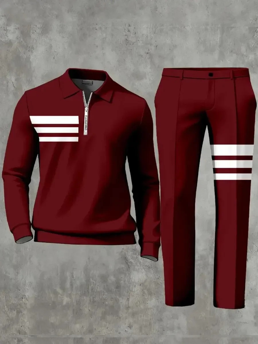 Casual Geometric Minimalist Art Polo Long Sleeved Shirt Pants Set