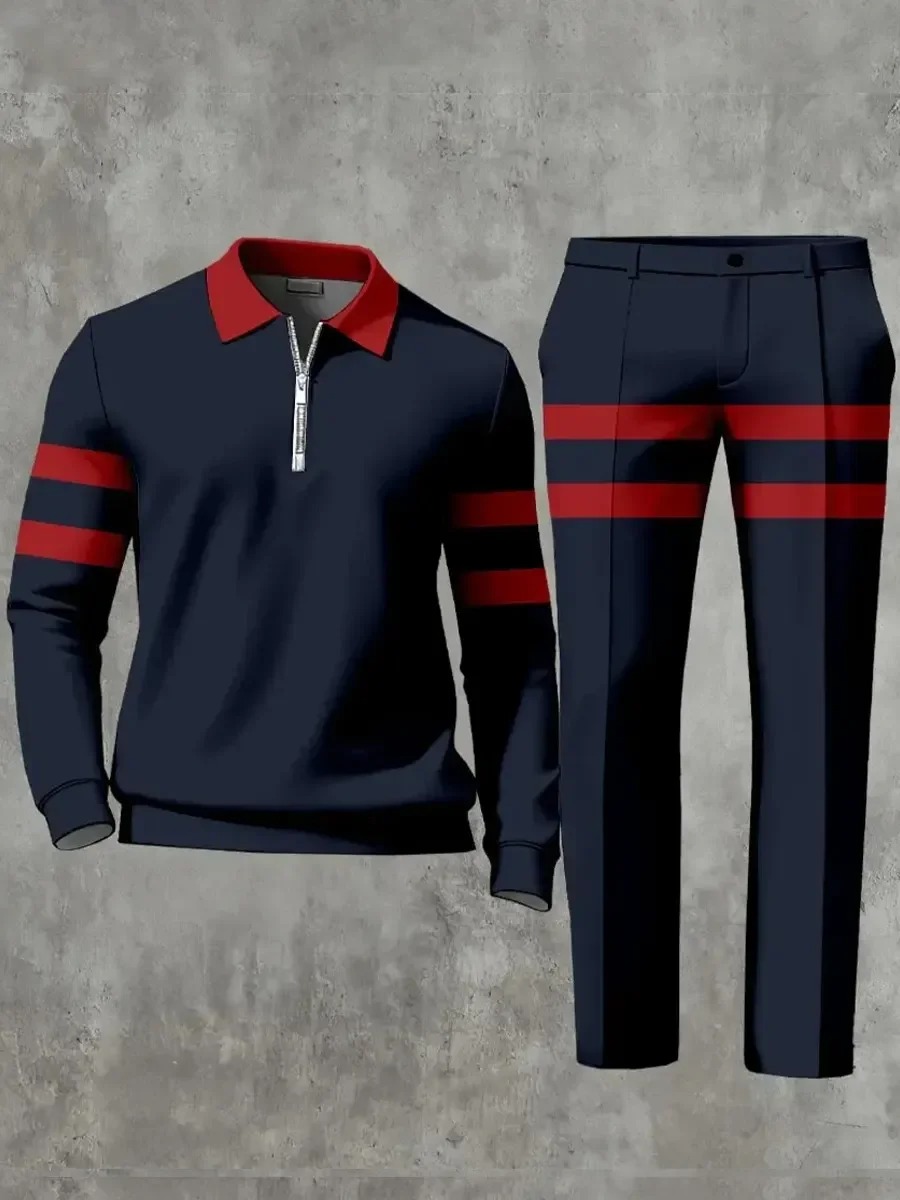 Casual Geometric Minimalist Art Polo Long Sleeved Shirt Pants Set