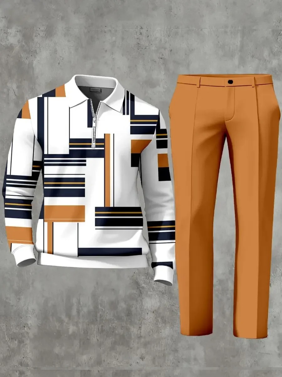 Casual Geometric Minimalist Art Polo Long Sleeved Shirt Pants Set