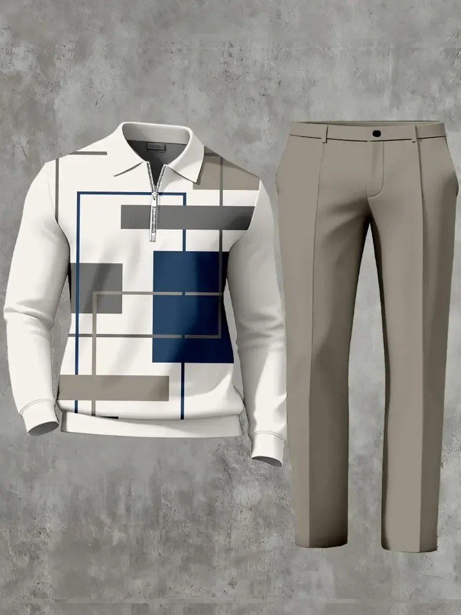 Casual Geometric Minimalist Art Polo Long Sleeved Shirt Pants Set