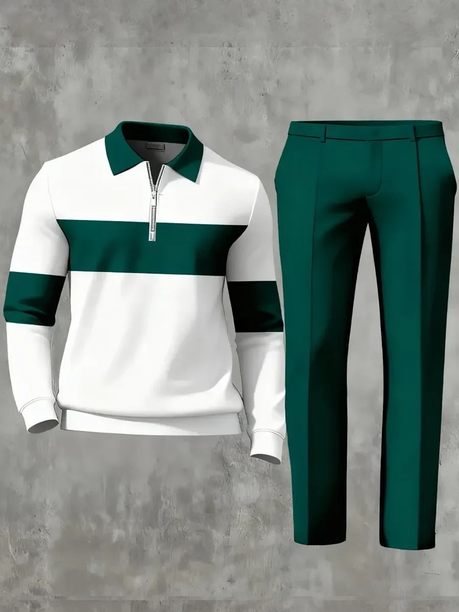 Casual Geometric Minimalist Art Polo Long Sleeved Shirt Pants Set