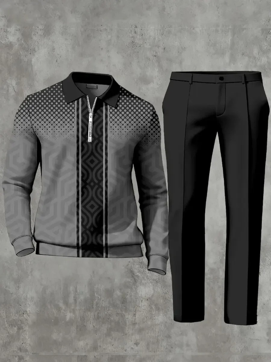 Casual Geometric Minimalist Art Polo Long Sleeved Shirt Pants Set