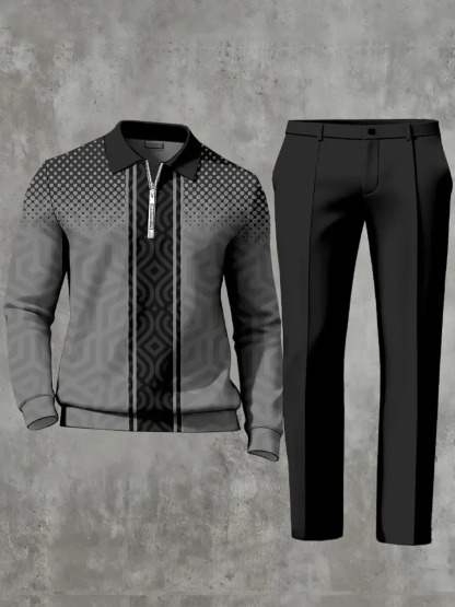 Casual Geometric Minimalist Art Polo Long Sleeved Shirt Pants Set