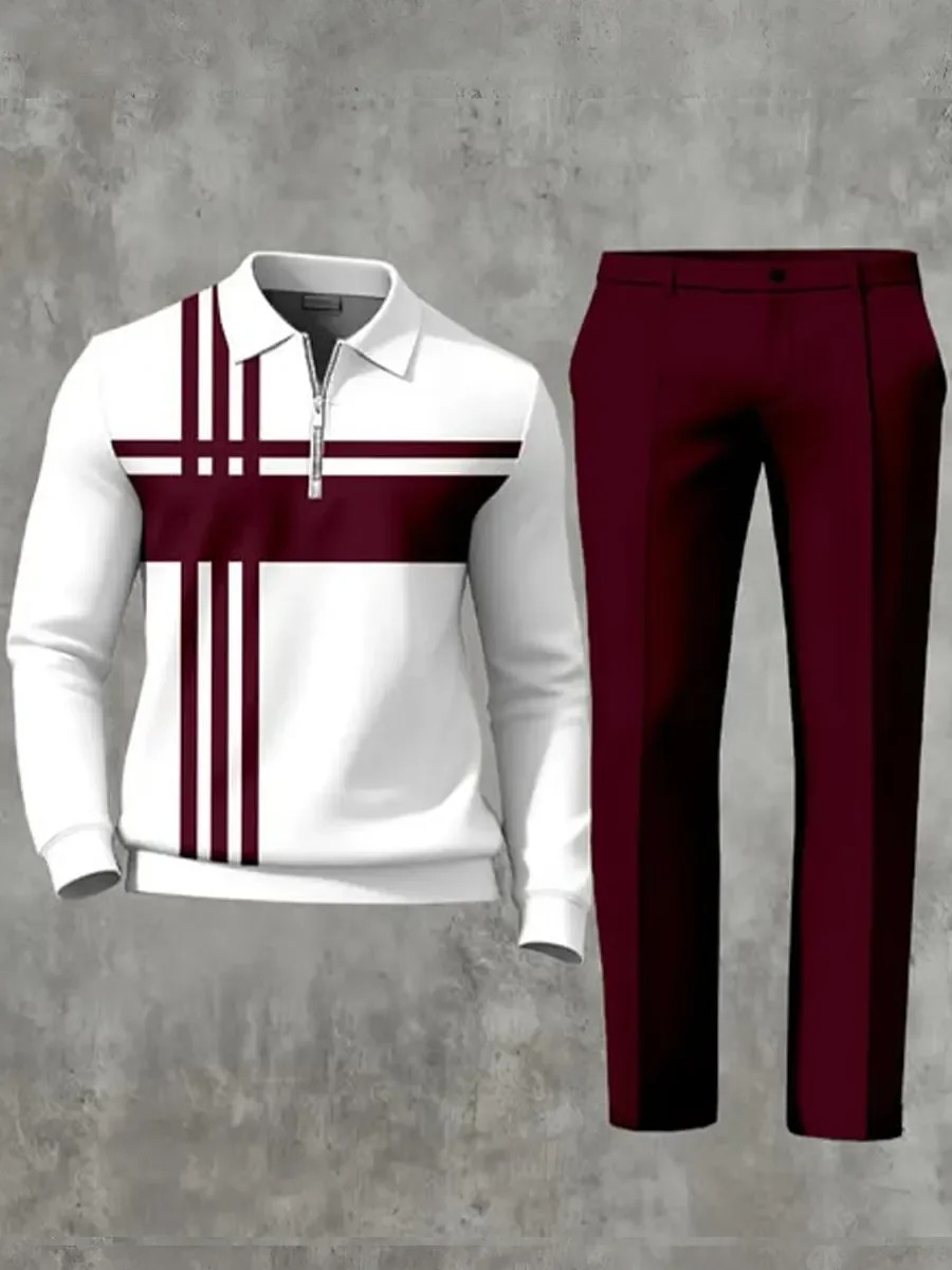 Casual Geometric Minimalist Art Polo Long Sleeved Shirt Pants Set
