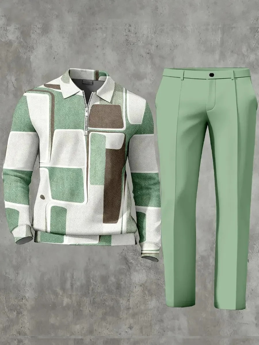 Casual Geometric Minimalist Art Polo Long Sleeved Shirt Pants Set