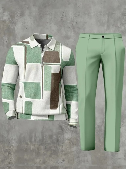 Casual Geometric Minimalist Art Polo Long Sleeved Shirt Pants Set