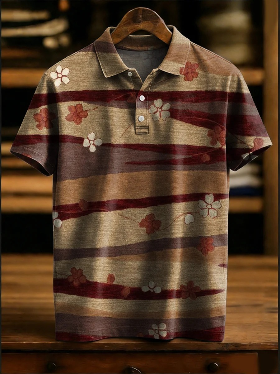 Vintage-style Colorful Floral And Wave Patterns Casual Short Sleeve Polo Shirt