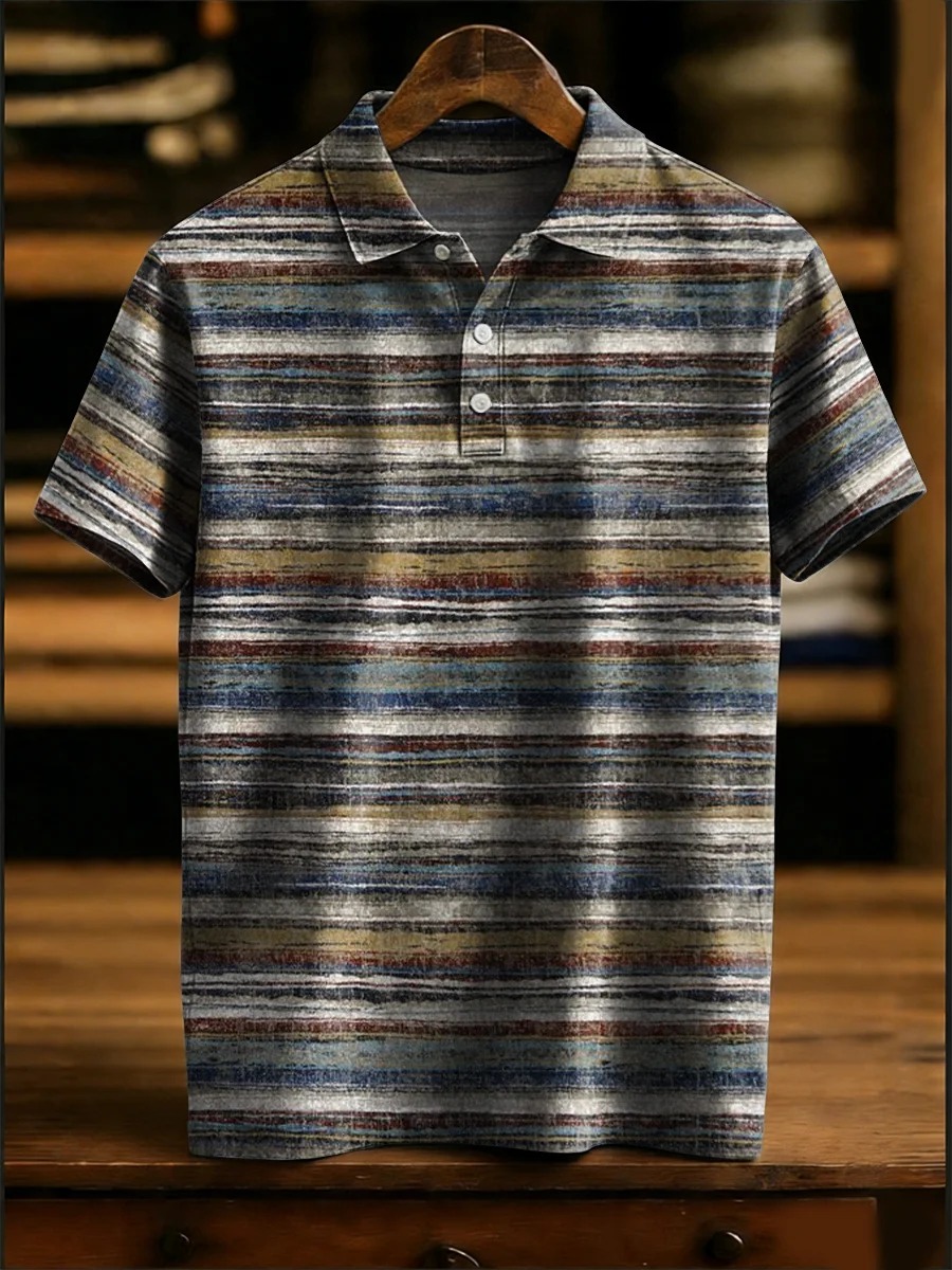 Vintage-style Colorful Striped Decorative Pattern Casual Short Sleeve Polo Shirt