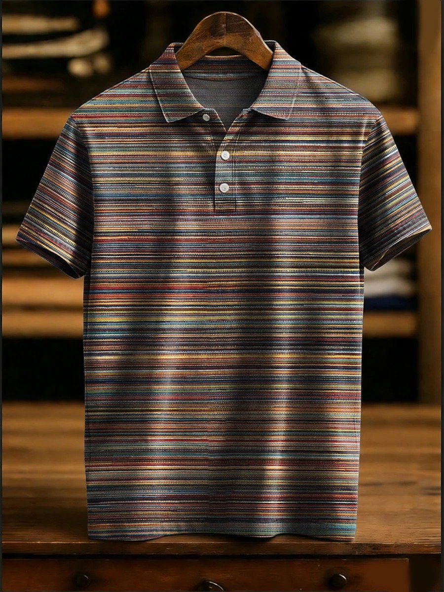 Vintage-style Colorful Striped Decorative Pattern Casual Short Sleeve Polo Shirt