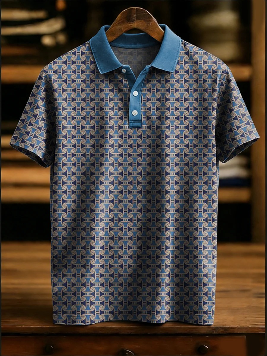 Vintage Geometric Decorative Patterns Casual Short Sleeve Polo Shirt