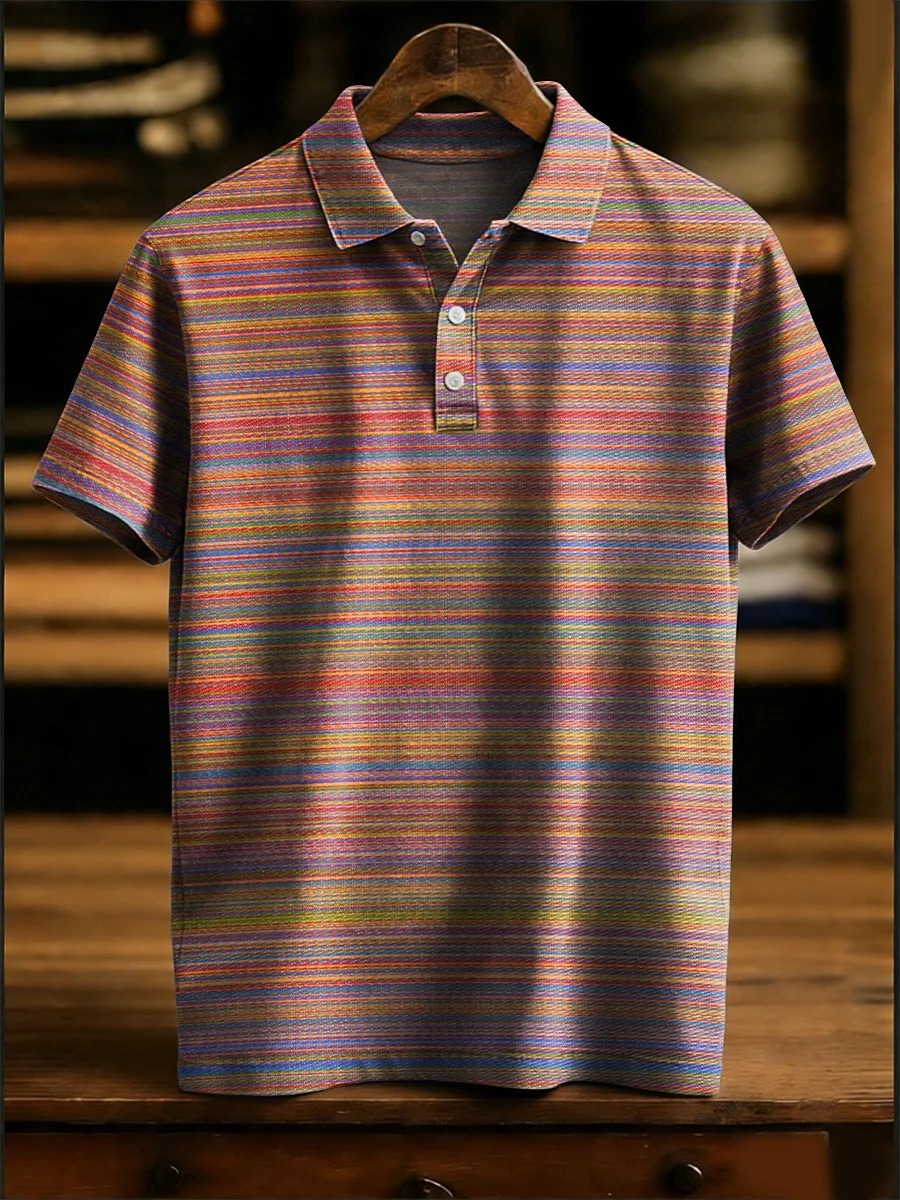 Vintage Colorful Striped Decorative Pattern Casual Short Sleeve Polo Shirt