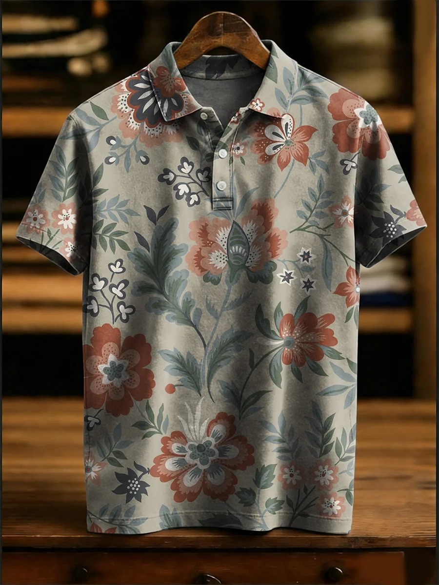 Vintage Floral Decorative Patterns Casual Short Sleeve Polo Shirt