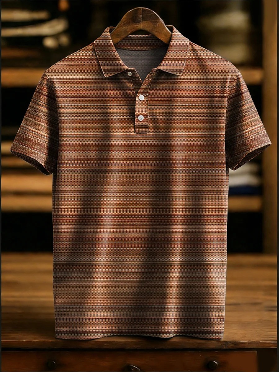 Vintage Colorful Striped Decorative Pattern Casual Short Sleeve Polo Shirt