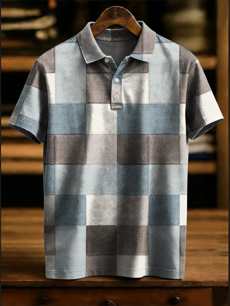 Colorful Checkered Decorative Pattern Casual Short Sleeve Polo Shirt